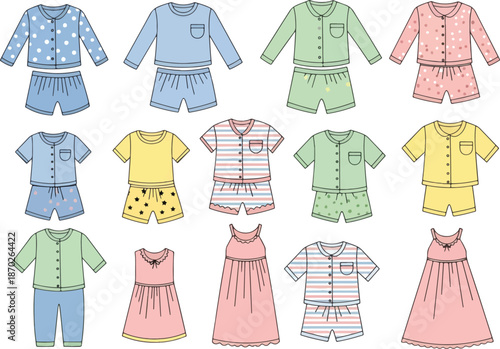 Collection of drawn childrens pajamas in various styles and colors