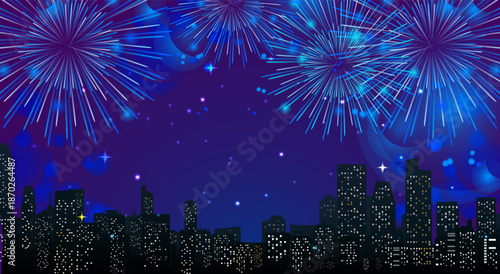 Blue fireworks illuminate a night city skyline with sparkling lights and glowing stars creating a festive and vibrant holiday atmosphere. Vector style.