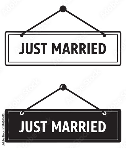 Line art sign set featuring "Just Married" text in black and white for wedding celebrations