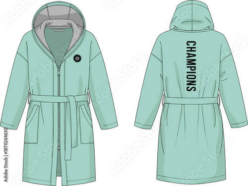 Women hooded belted parka coat vector illustration with front and back views modern winter outerwear fashion mockup design template branding