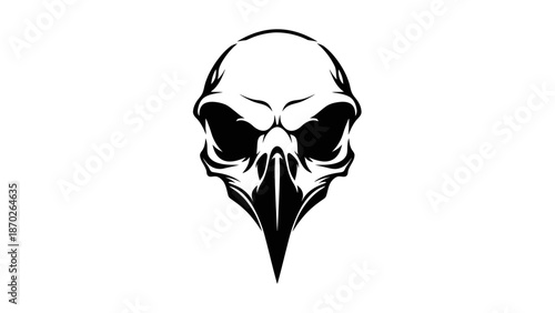 Black and white graphic illustration of a bird skull on a plain white background.