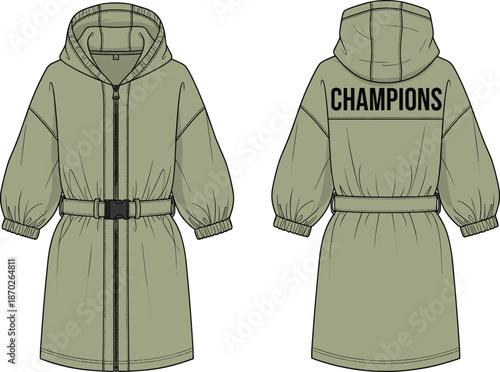 Women hooded belted parka coat vector illustration with front and back views modern winter outerwear fashion mockup design