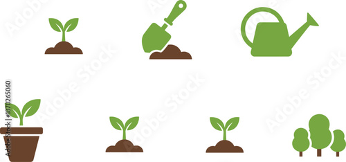 Gardening and agricultural icon set featuring green plant seedlings, garden hand trowel, watering can, potted plants, and forest trees for environmental sustainability