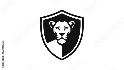 Black and white shield logo with a lion's head on a clean white background.