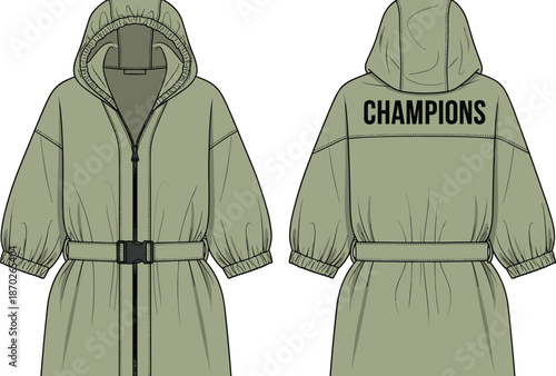 Women hooded belted parka jacket vector illustration with front and back views modern winter outerwear fashion mockup design
