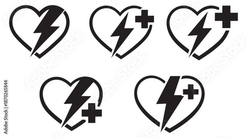 Line art medical icon set featuring heart shapes with lightning bolts and medical crosses for healthcare and emergency services