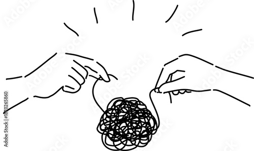 協力して絡まる糸をほどく手 チームワークと解決のシンプル線画