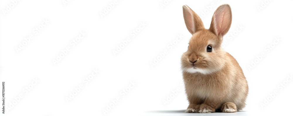 Fototapeta premium Brown rabbit small animal fluffy fur sitting posture isolated white background cute pet long ears soft texture young bunny adorable face