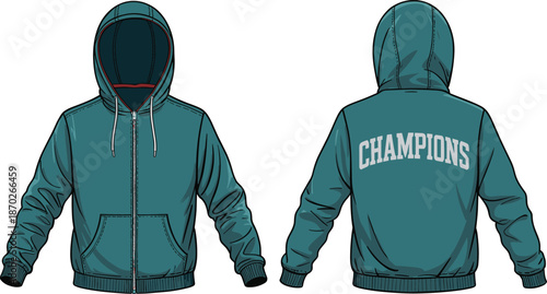 Zip hoodie jacket vector illustration showing front and back views modern streetwear apparel mockup design for fashion branding template use