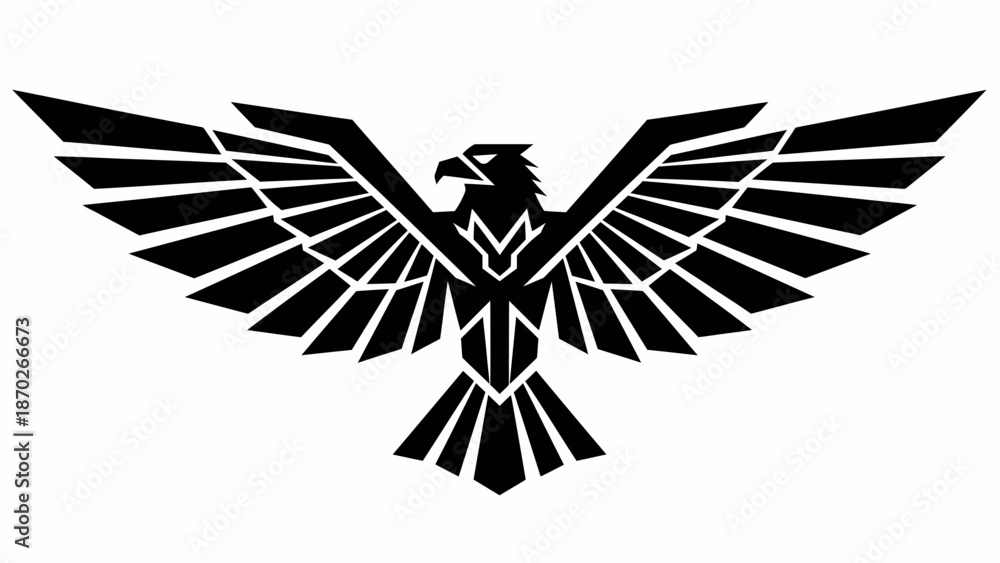 Fototapeta premium Black silhouette of an eagle with outstretched wings on a white background.