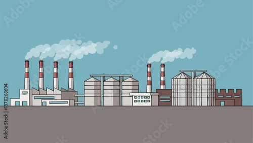 Industrial factory with smoking chimneys and storage silos.