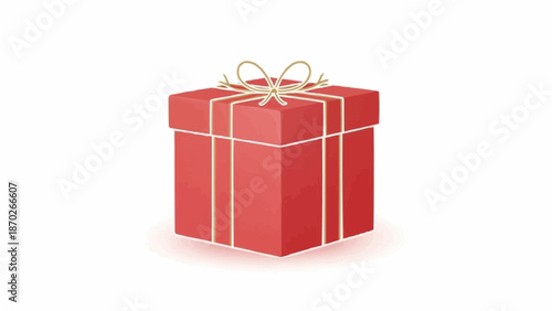 Red Gift Box Tied With White Ribbon And Bow.