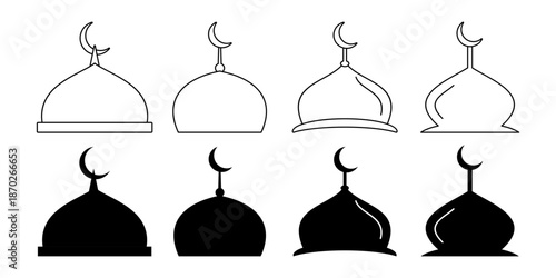 A collection of Islamic icons of Mosque Domes. Line art and silhouette styles, isolated on a white background. Ornamental designs for the Islamic holidays of Ramadan, Eid al-Fitr, and Eid al-Adha.