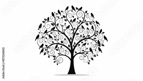 Stylized Tree Silhouette with Birds and Swirls.