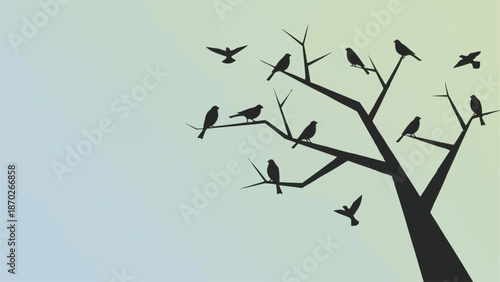 Silhouette of a tree with many birds perched on branches.