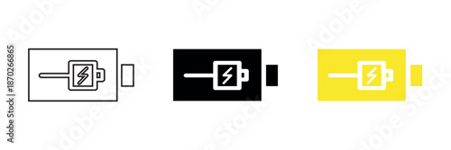 An outline battery charging icon representing power supply, energy, device charging, and battery status. Designed in a clean line style, ideal for technology interfaces, mobile apps. EPS 10