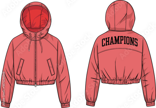 Zip hoodie jacket vector illustration showing front and back views modern streetwear fashion apparel technical flat design mockup template collection