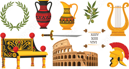 Ancient Roman Culture Vector Set with Colosseum, Laurel Wreath, Amphora Vases, Sword, Lyre, Olive Branch, and Gladiator Helmet Illustrations