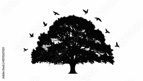Silhouette of a large tree with birds flying around it.