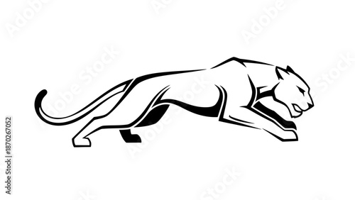 A black and white line art illustration of a running panther against a plain white