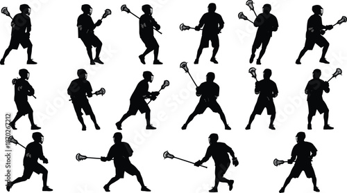 Lacrosse player silhouettes running passing shooting isolated on white background team sport training activity modern vector illustration set