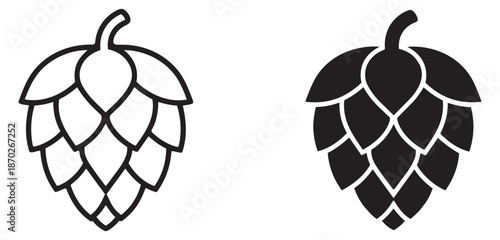 Minimalist graphic hop icon set featuring line art and solid black versions for beer brewing
