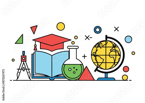 Education and Learning Vector – School, Students, and Academic Icons Illustration