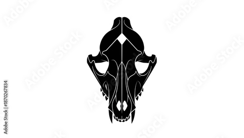 Black graphic illustration of a dinosaur skull on a white background