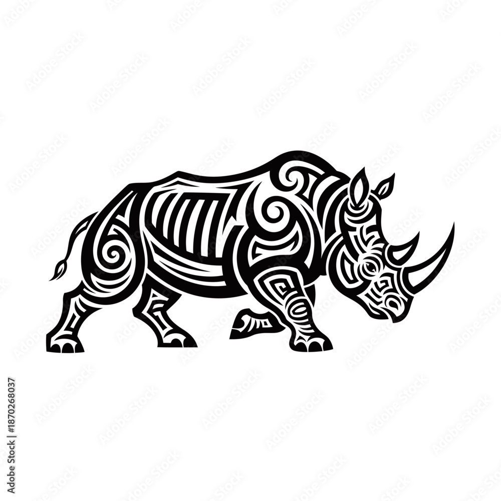 Obraz premium Tribal rhinoceros tattoo design with intricate swirling patterns and bold black lines.
