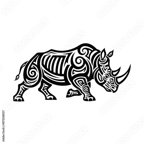 Tribal rhinoceros tattoo design with intricate swirling patterns and bold black lines.