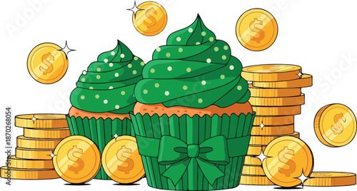 A green cupcake with a bow and gold coins scattered around it, viewed from the front.