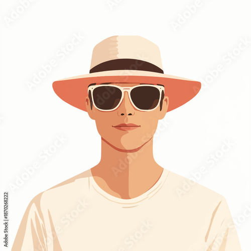 Portrait of a person wearing a hat and sunglasses focused on facial expression and clothing