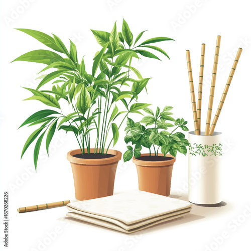 Potted plants bamboo sticks and folded towels create a serene natural composition.