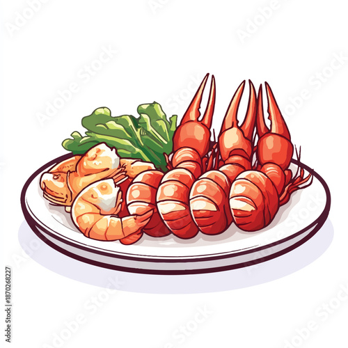 Plate of Cooked Shrimp with Lettuce and Lemon