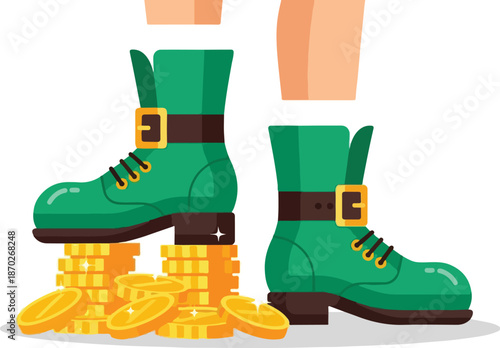 A pair of green boots surrounded by gold coins on a plain white background