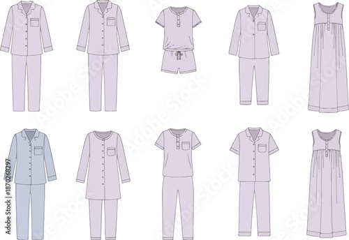 Five rows of two different styles of womens pajama sets and nightgowns