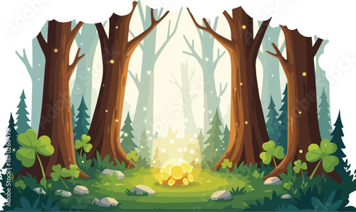 A serene forest glade illuminated by a warm campfire surrounded by tall trees and lush greenery at dusk from a frontal viewpoint