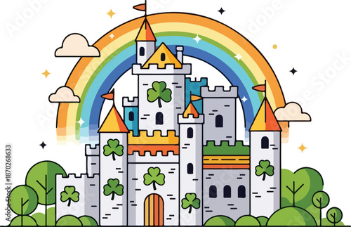 Vibrant illustration of a fantasy castle with rainbow arch and lush greenery surrounding it