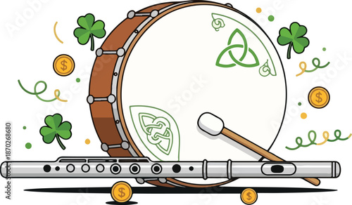 Traditional Irish drum and flute surrounded by shamrocks and coins in festive celebration