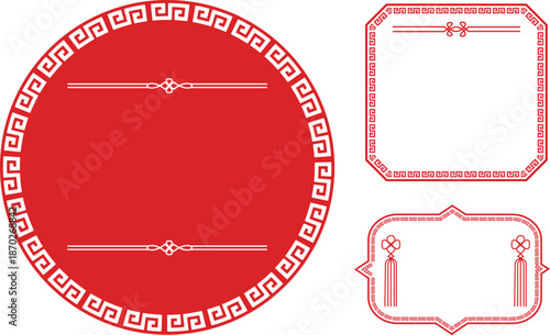 赤い雷文模様の中華風フレームイラスト素材セット