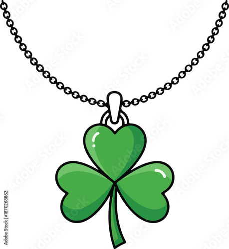A green four-leaf clover pendant on a chain necklace, symbolizing good luck and charm.