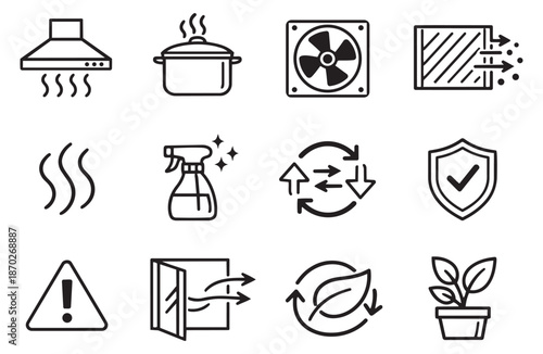 Line art ventilation and cleaning icon set featuring an exhaust hood, fan, and air filter for home and health