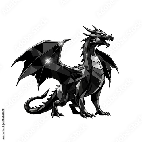 Majestic black dragon with sharp teeth and claws in polygonal style
