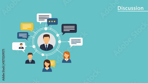 Team discussion and communication network concept illustration.