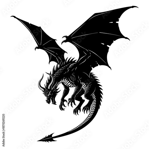 Majestic black dragon flying with wings spread wide in air