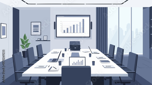 Modern Conference Room with Digital Whiteboard Displaying Growth Chart.