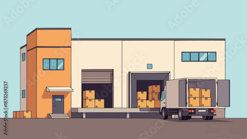 Modern warehouse building with loading docks and delivery truck.