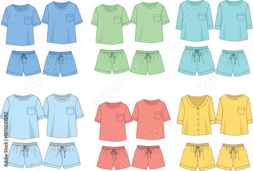Illustrations of various pajama sets featuring tops and shorts in multiple colors
