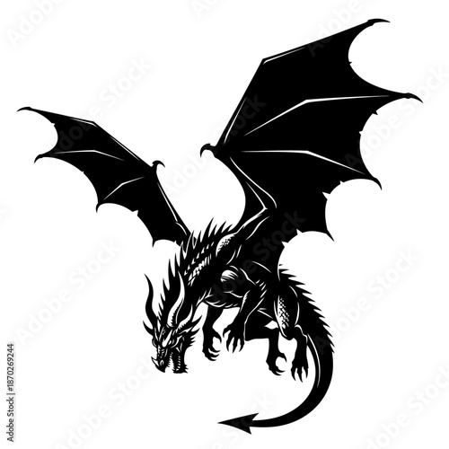 Fierce dragon silhouette with wings spread wide in mid flight