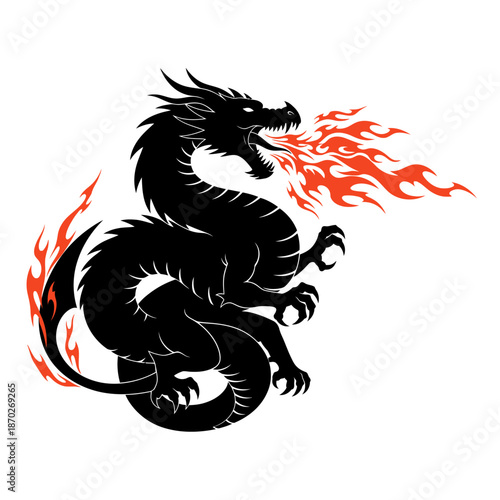 Fierce dragon breathing fire with sharp claws and spiky scales